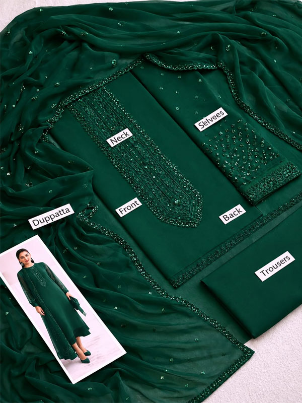 Decent Embroidered Bottole Green Chiffon Party Wear Dress Budget Friendly Dress Chiffon Emb Dupatta 3 Peice (Unstitched) (CHI-1126)