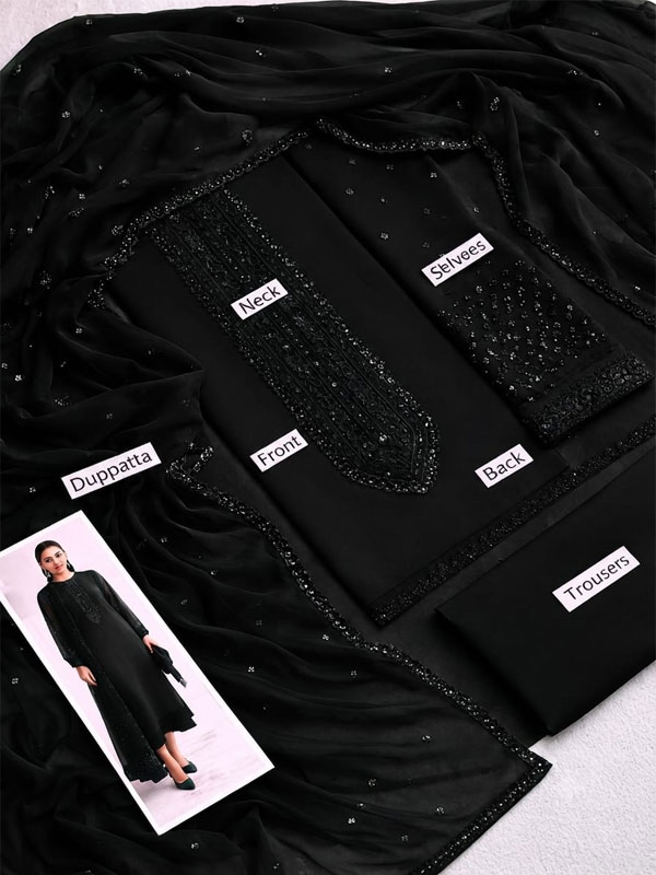 Elegant Chiffon Black Sequence Embroidered Dress Affordable Formal Wear Chiffon Embroidered Dupatta 3 Peice (Unstitched) (CHI-1127)