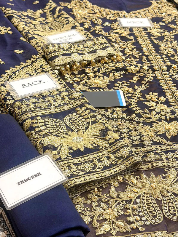 Faiza Saqlain Chiffon Handwork Embroidered Navy Dress Wedding Wear Collection With Chiffon Embroidered Dupatta (Unstitched) (CHI-1128)