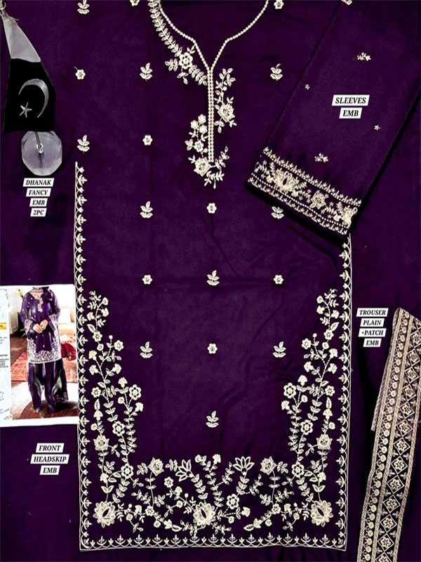 Dhanak Heavy Embroidery Purple Color Dress With Dhanak Trouser (Unstitched) (KD-289)