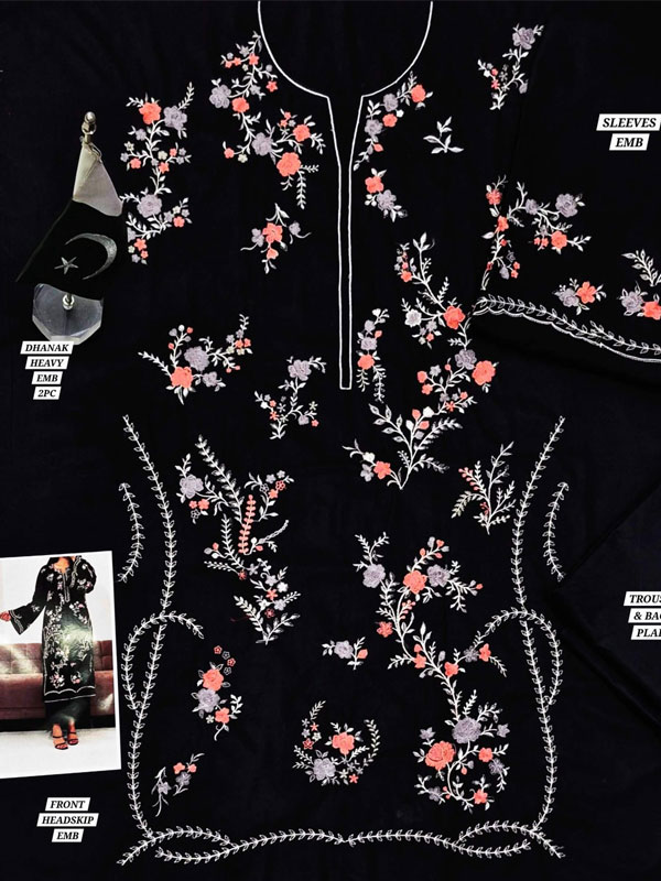 Black Dhanak Clothing Heavy Embroidery Dress With Trouser 2 Peice Suit (Unstitched) (KD-291)