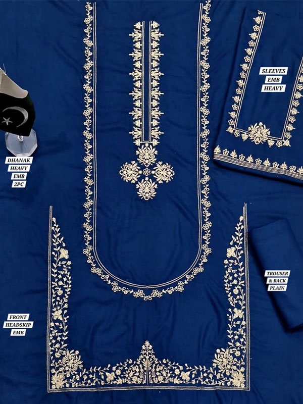 Royal Blue Dhanak Winter Dress Front Embroidery 2 Peice Dhanak Suit (Unstitched) (KD-292)