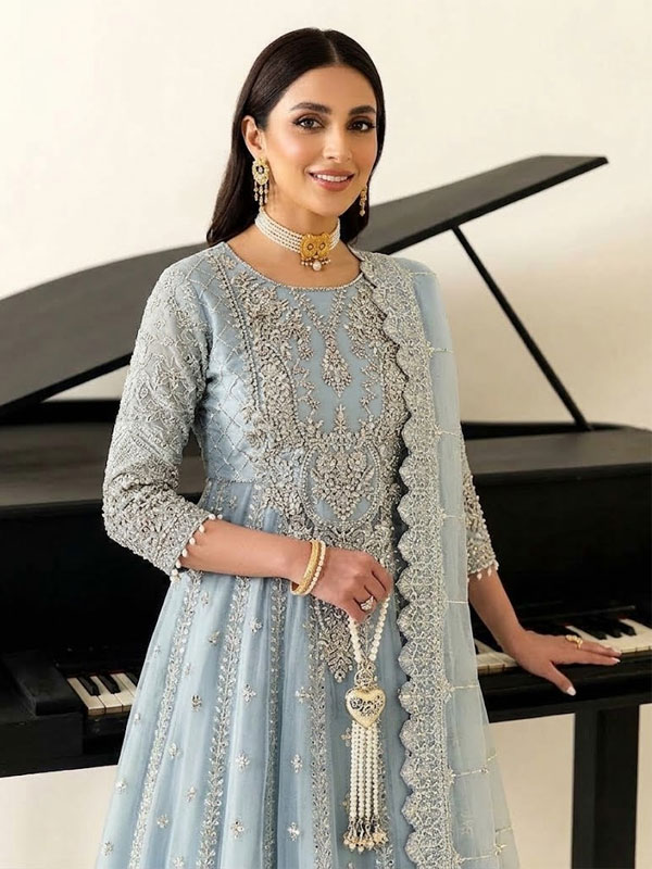 Elegant Heavy Embroidered Powder Blue Chiffon Formal Maxi Dress With 4-Side Chiffon Embroidered Dupatta (Unstitched) (CHI-1131)