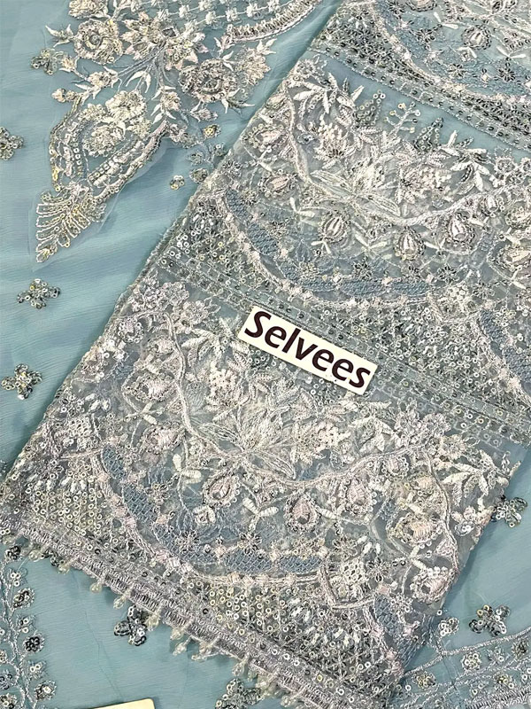 Elegant Heavy Embroidered Powder Blue Chiffon Formal Maxi Dress With 4-Side Chiffon Embroidered Dupatta (Unstitched) (CHI-1131)