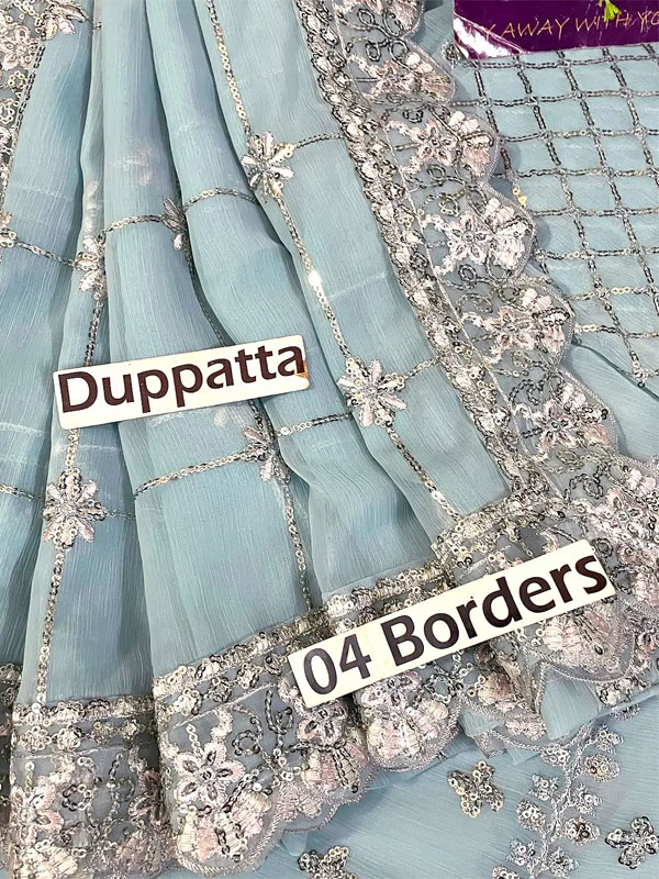 Elegant Heavy Embroidered Powder Blue Chiffon Formal Maxi Dress With 4-Side Chiffon Embroidered Dupatta (Unstitched) (CHI-1131)