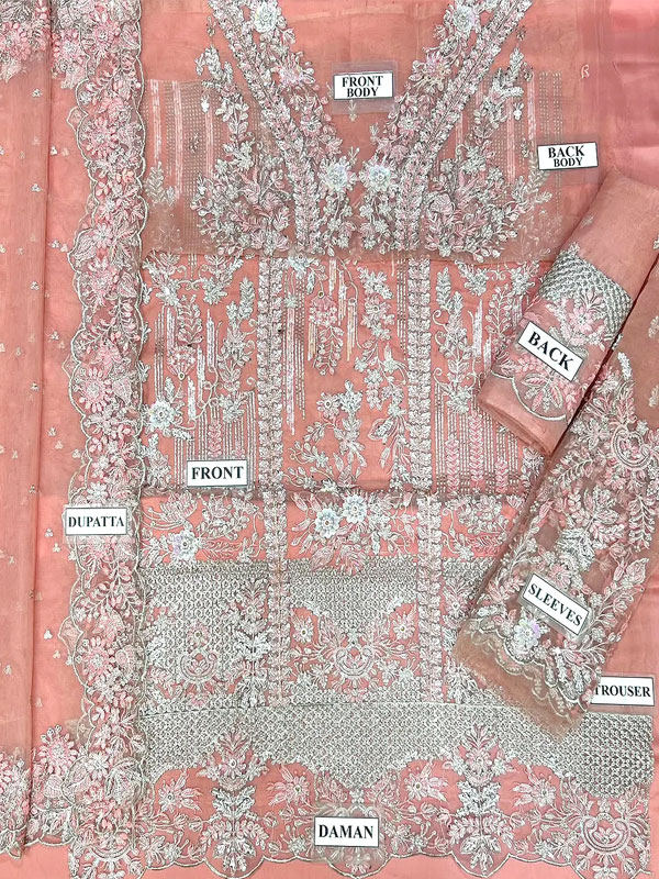 Elegant Luxury Embroidered & 3D Flower Hand Embellished Peach Organza Wedding Dress With Embroidery NET Dupatta (Unstitched) (CHI-1139)