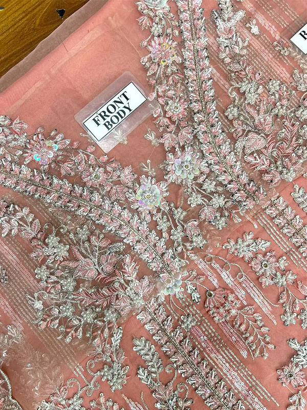 Elegant Luxury Embroidered & 3D Flower Hand Embellished Peach Organza Wedding Dress With Embroidery NET Dupatta (Unstitched) (CHI-1139)