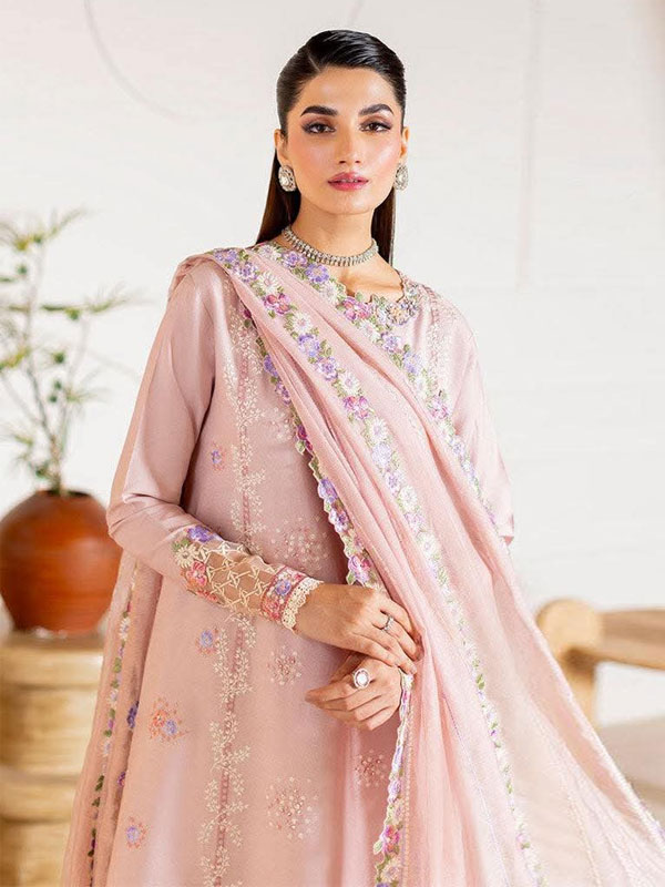 MUSHQ Pink Chiffon Hand Embalishment Embroidered Dress WIth Khaadi NET EMb. Dupatta (Unstitched) (CHI-1146)