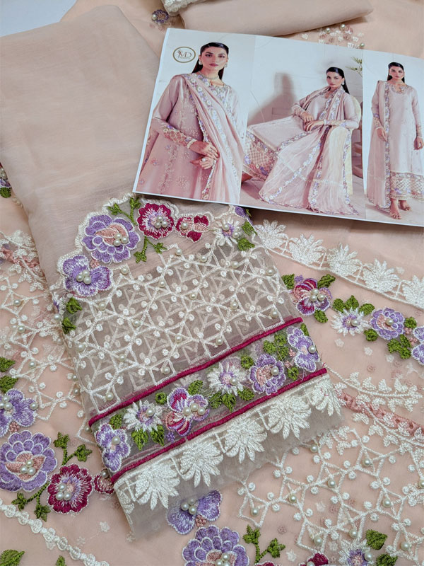 MUSHQ Pink Chiffon Hand Embalishment Embroidered Dress WIth Khaadi NET EMb. Dupatta (Unstitched) (CHI-1146)