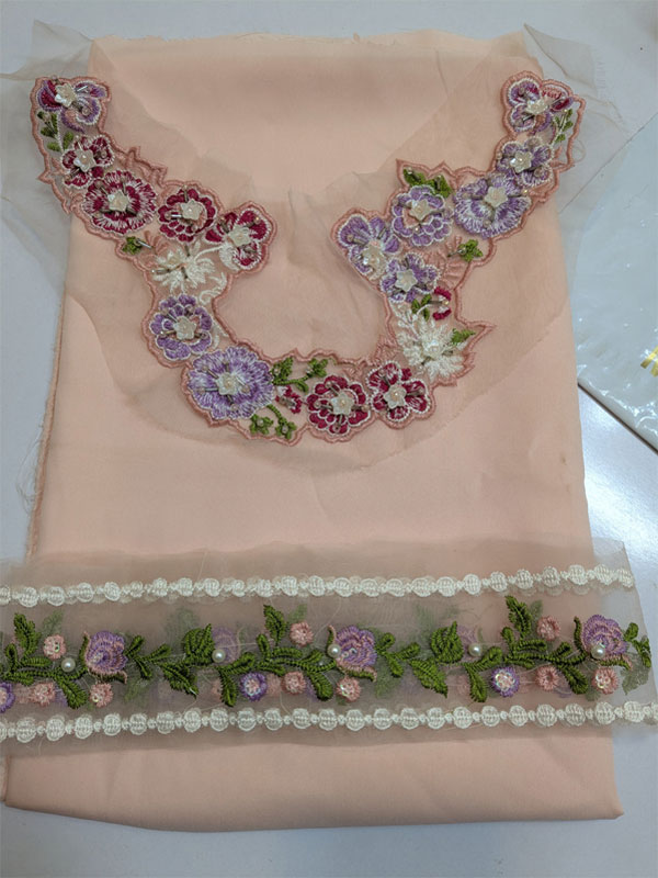 MUSHQ Pink Chiffon Hand Embalishment Embroidered Dress WIth Khaadi NET EMb. Dupatta (Unstitched) (CHI-1146)