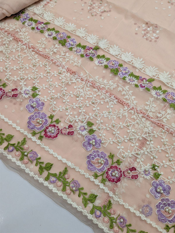 MUSHQ Pink Chiffon Hand Embalishment Embroidered Dress WIth Khaadi NET EMb. Dupatta (Unstitched) (CHI-1146)