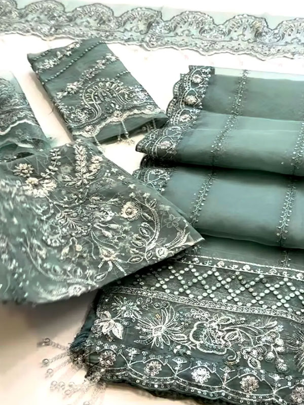 Embroidered Sage Green Organza Party Dress With Organza EMb. Dupatta (Unstitched) (CHI-1148)