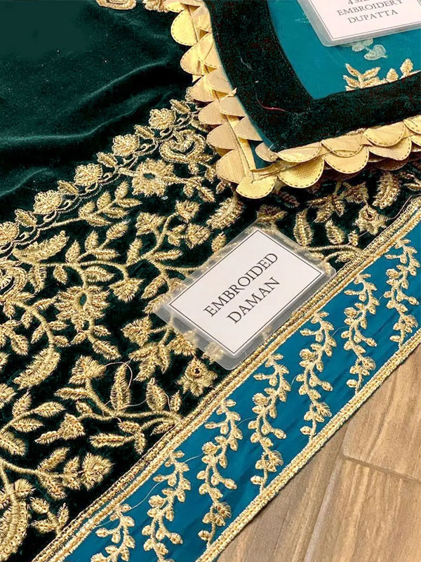 Luxury Velvet Heavy Embroidered Dress With 4-Sided NET Embroidered Dupatta (Unstitched) (CHI-1152)