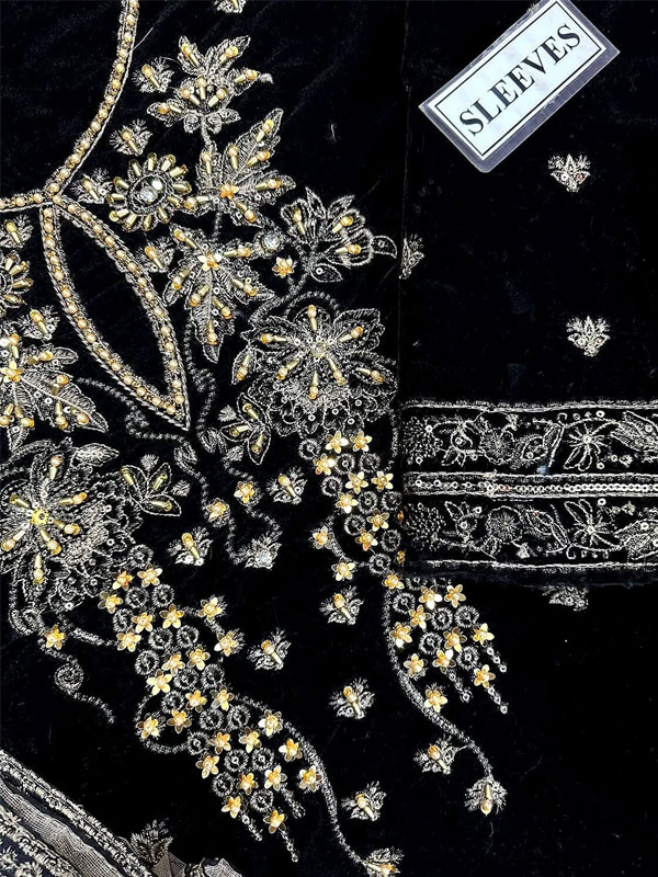 Handwork & Heavy Embroidered Black Velvet Wedding Dress With 4-Sided NET Embroidered Dupatta (Unstitched) (CHI-1153)