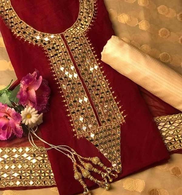 Mirror Work Chiffon Embroidered Dress With Jacquard Dupatta (Unstitched) (CHI-617)