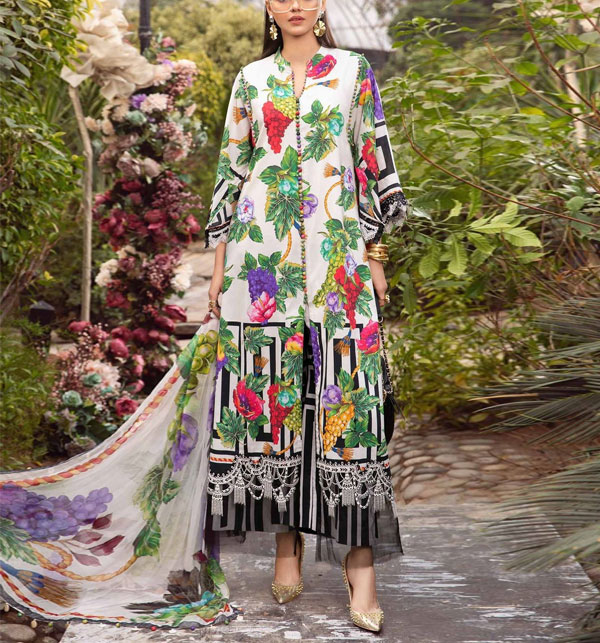 Latest Dgital Printed Lawn Embroided Bunches Dress With Printed Chiffon Dupatta (Unstitched) (DRL-1684)