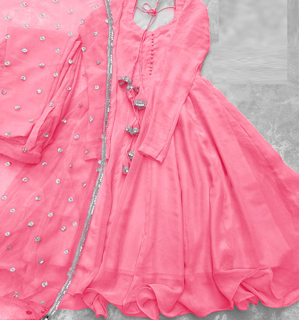 Stitched Chiffon Pink 3 PCs MAXI Dress With Lace Work Dupatta (RM-143)