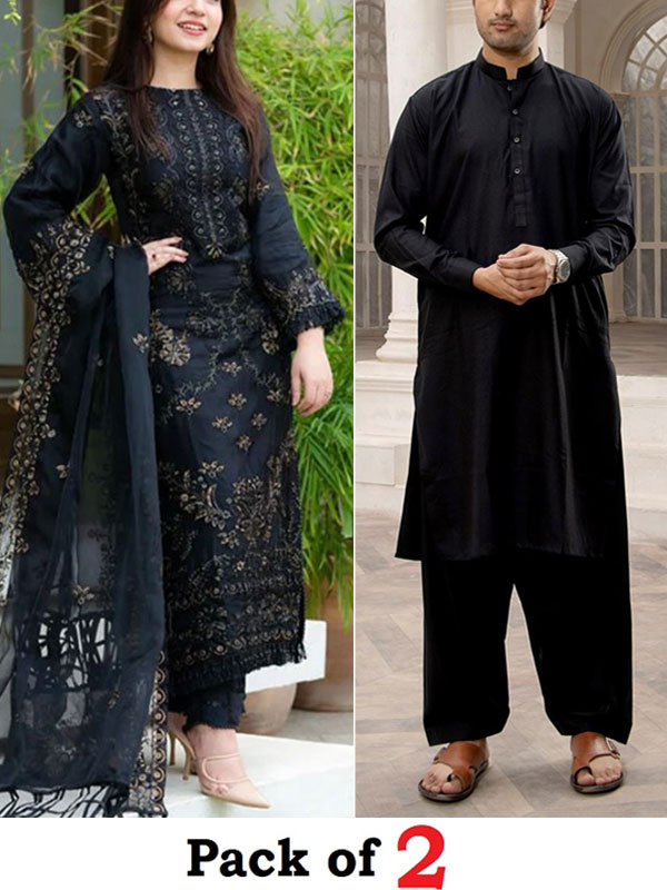 DEAL PACK OF 2 - Women's 3 Pec Cotton Lawn Heavy Embroidered Dress & Men's Soft Cotton Kameez Shalwar(Unstitched) (Deal-114)