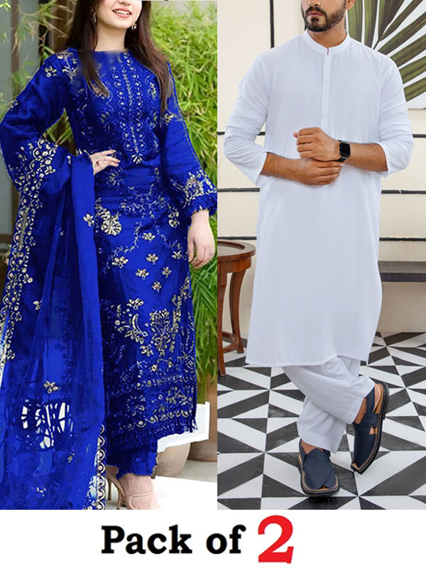 Deal PACK OF 2 - Luxury Women's Cotton Lawn 3 Pec Suite & Men's Wash N Wear Kameez Shalwar (Unstitched) (Deal-115)