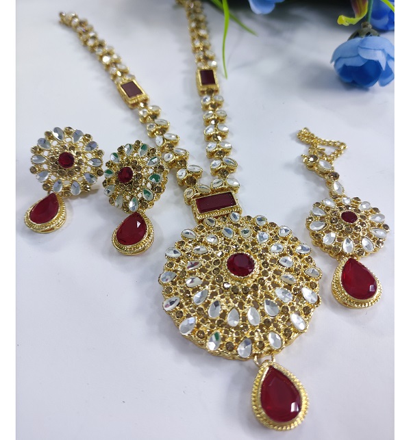 Zircon Turkish Necklace Set With Earring Matha Patti (ZV-2809)