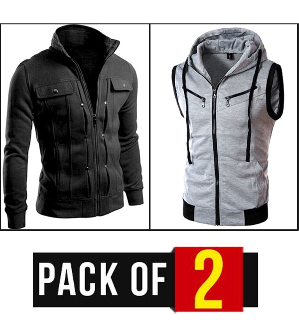 Pack of 2  Stylish Mens Fleece Jacket Black &  Sleeveless Jaqueta (Grey) (JAC-DEAL)