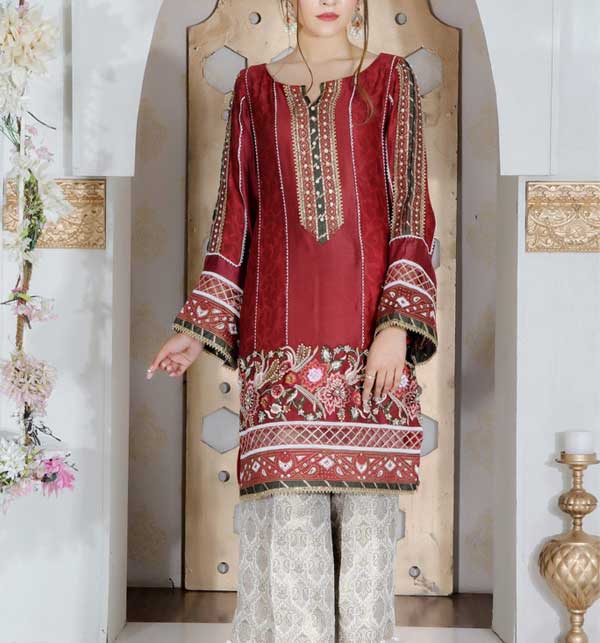 2 Pcs Linen Embroidered Dress With PrintedTrouser (Unstitched) (LN-277)