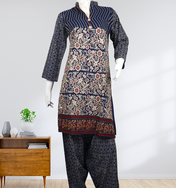 Stitched Linen Full Embroidery Suit with Printed Trouser 2-Pcs  (LN-204)