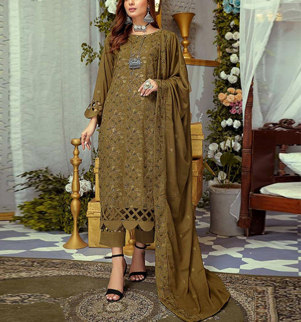 3 PCs Lawn Heavy Embroidered Dress With Embroidered Bamber Dupatta (Unstitched) (DRL-1573)