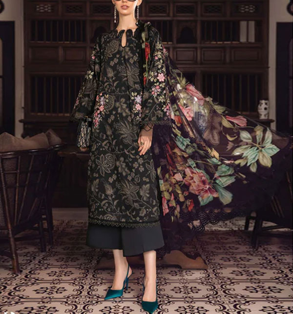 3 PCs Digital Printed Lawn Heavy Embroidered Dress With Chiffon Dupatta (Unstitched) (DRL-1591)