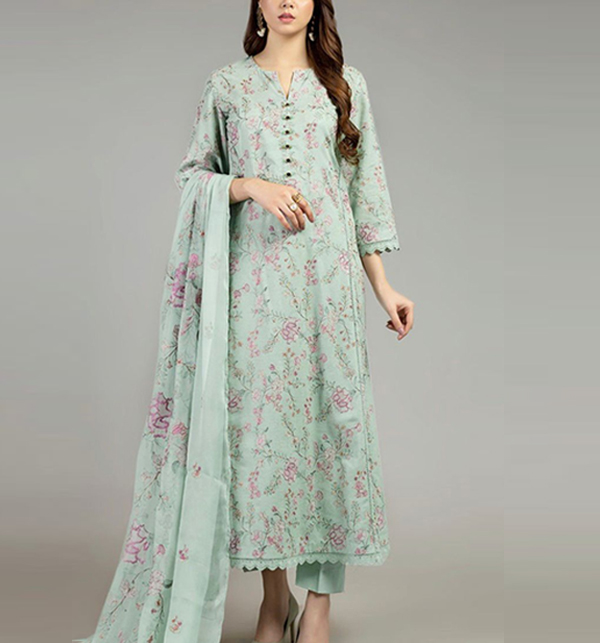 3 PCs Embroidered Lawn Dress With Bamber Embroidered Dupatta (UnStitched) (DRL-1435)