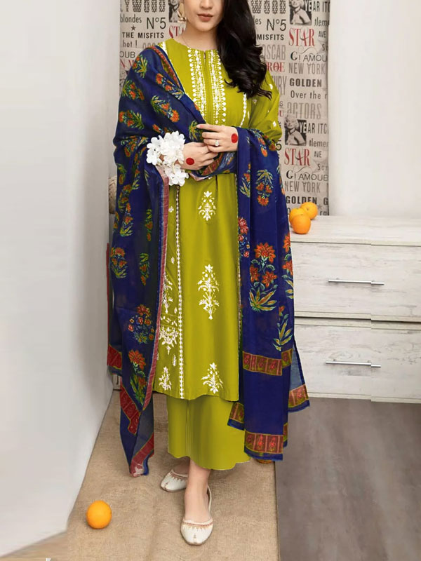 3 PCs Heavy Embroidered Lawn Dress With Printed Diamond Zari Dupatta (Unstitched) (DRL-2131)