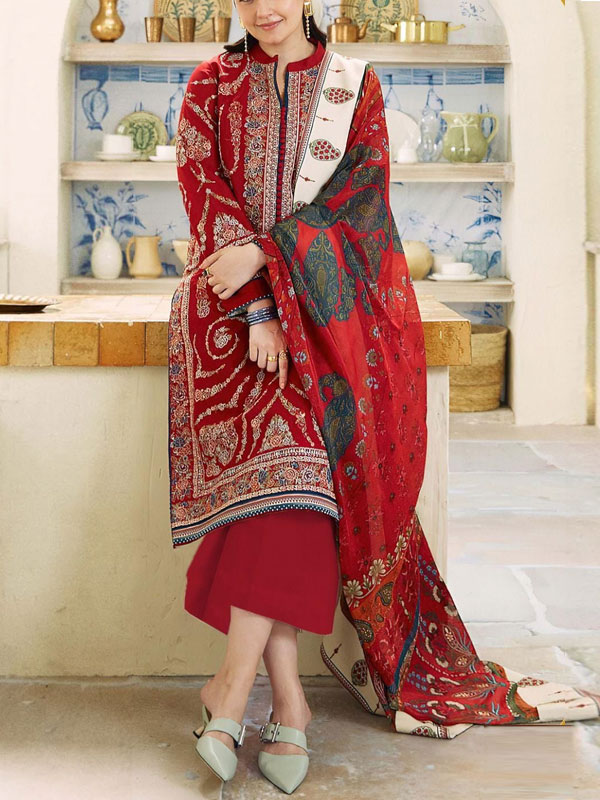 3 PCs Heavy Embroidered Lawn Dress With Printed Diamond Zari Dupatta (Unstitched) (DRL-2132)