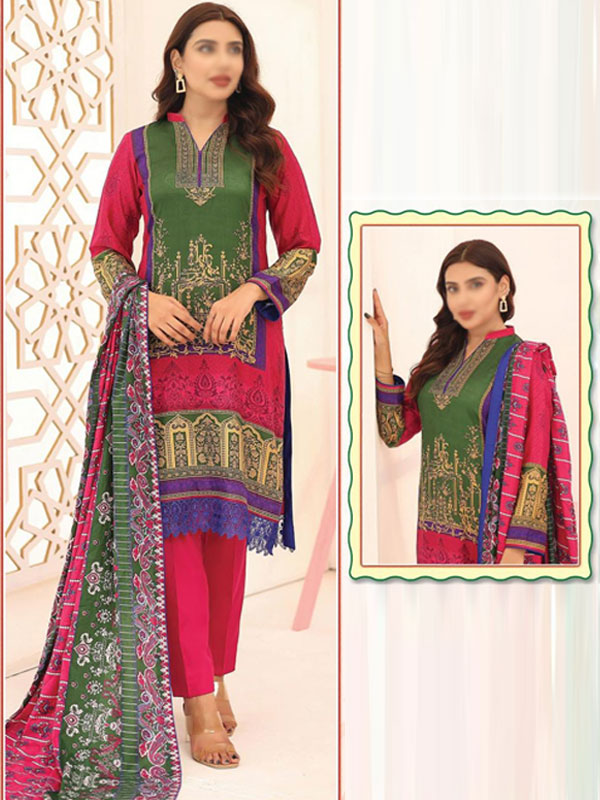 3 PCs Malai Lawn Printed Dress With Digital Printed Dupatta & Plain Trouser (Unstitched) (DRL-2070)	