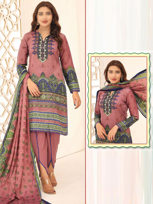 3 PCs Malai Lawn Printed Dress With Digital Printed Dupatta & Plain Trouser (Unstitched) (DRL-2071)	