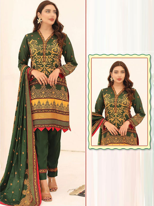 3 PCs Malai Lawn Printed Dress With Digital Printed Dupatta & Plain Trouser (Unstitched) (DRL-2072)	