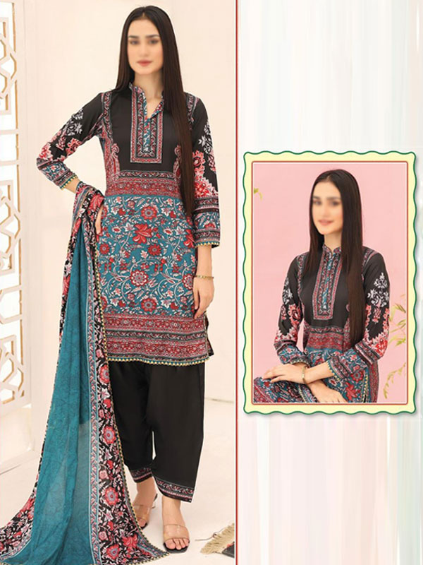 3 PCs Malai Lawn Printed Dress With Digital Printed Dupatta & Plain Trouser (Unstitched) (DRL-2073)	