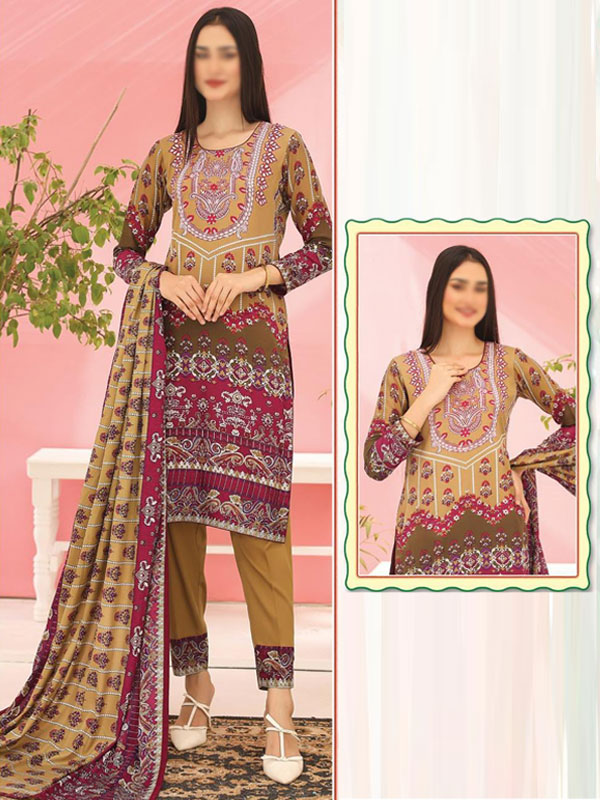 3 PCs Malai Lawn Printed Dress With Digital Printed Dupatta & Plain Trouser (Unstitched) (DRL-2074)	