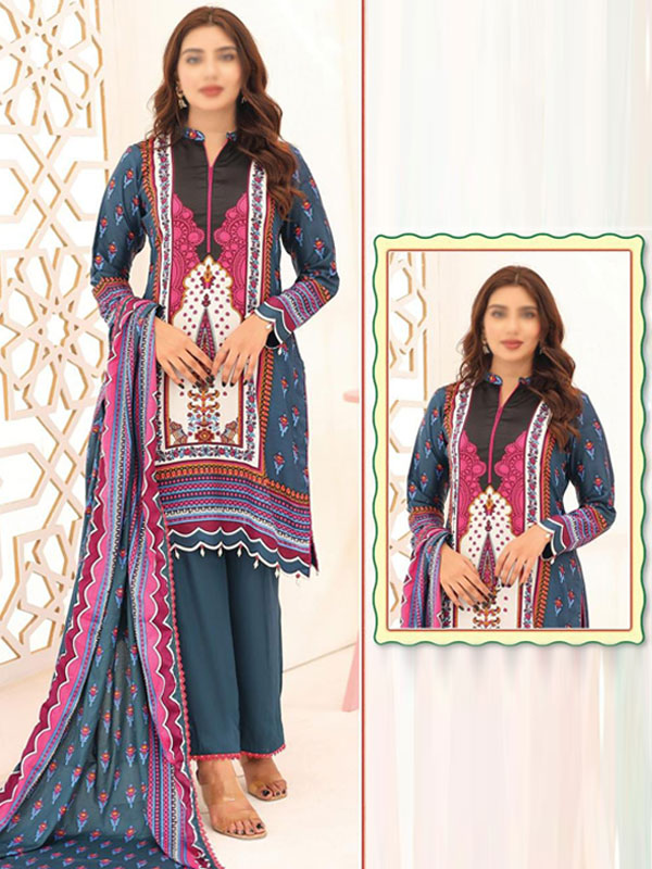 3 PCs Malai Lawn Printed Dress With Digital Printed Dupatta & Plain Trouser (Unstitched) (DRL-2076)	