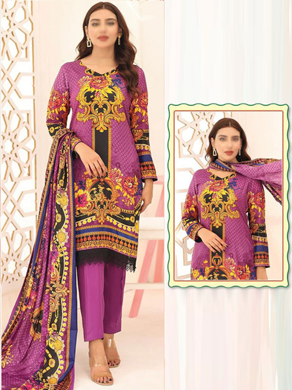 3 PCs Malai Lawn Printed Dress With Digital Printed Dupatta & Plain Trouser (Unstitched) (DRL-2079)	