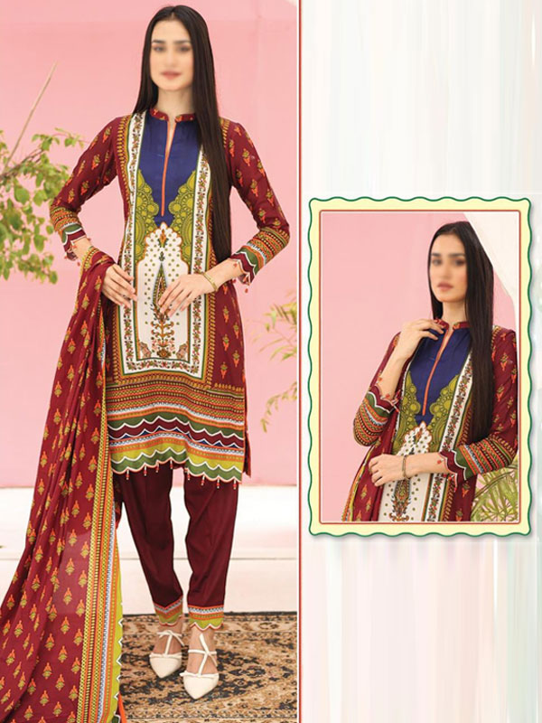 3 PCs Malai Lawn Printed Dress With Digital Printed Dupatta & Plain Trouser (Unstitched) (DRL-2080)	