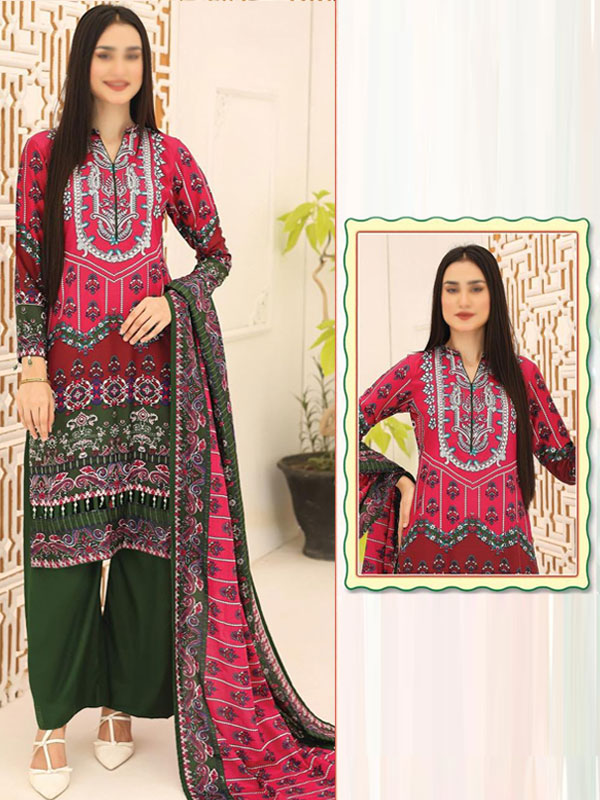 3 PCs Malai Lawn Printed Dress With Digital Printed Dupatta & Plain Trouser (Unstitched) (DRL-2082)	