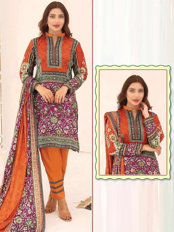 3 PCs Malai Lawn Printed Dress With Digital Printed Dupatta & Plain Trouser (Unstitched) (DRL-2084)	