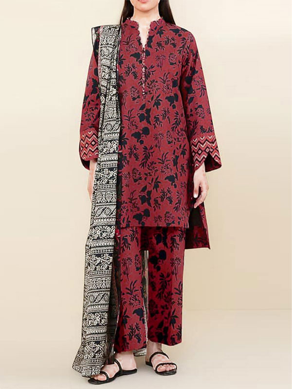 3 PCs Printed Khaddar Dress With Digital Printed Khaddar Dupatta (Unstitched) (KD-263)	