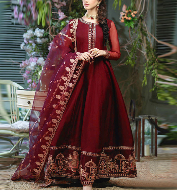 Stitched Full Heavy Embroidered Maxi With Embroidered Chiffion Duppata 3 Pcs (CHI-853)