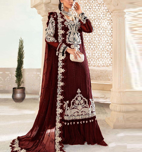 Chiffon 3D Flower & Heavy Embroidered Dress With Spengle Work Dupatta (UnStitched) (CHI-840)