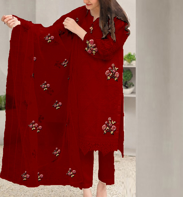 Stitched Organza Heavy Embroidered 3D Thread Flower Dress With Embroidered Dupatta 3PCs (RM-111)	