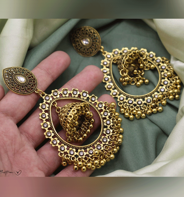 Gold Chandelier Pakistani Earrings  AjEr59818  22K Gold layered  chandelier earring exclusively designed with hanging pearls in combination  with cu