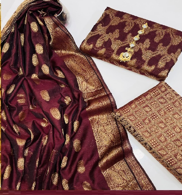 Banarsi Style Cotton Jacquard Dress with Banarsi  Dupatta (UNSTITCHED) (DRL-1306)	