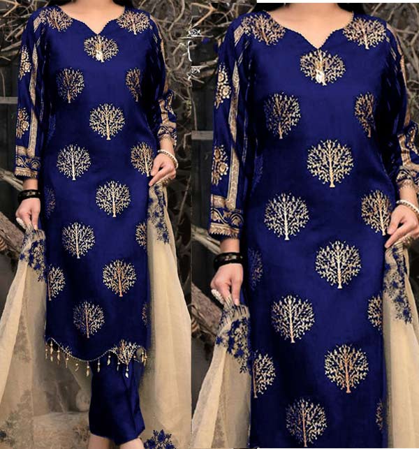 (11 11 SALE 2022) Silk Full Heavy Embroidered Dress with Organza Embroidered Dupatta (Unstitched) (CHI-785)