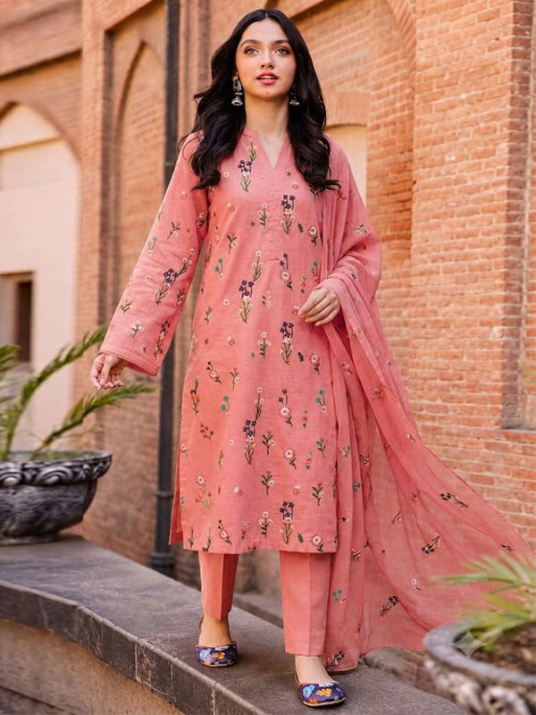 Bareeze Cotton Embroidered Dress With Chiffon Embroidered Dupatta (Unstitched) (DRL-2492)